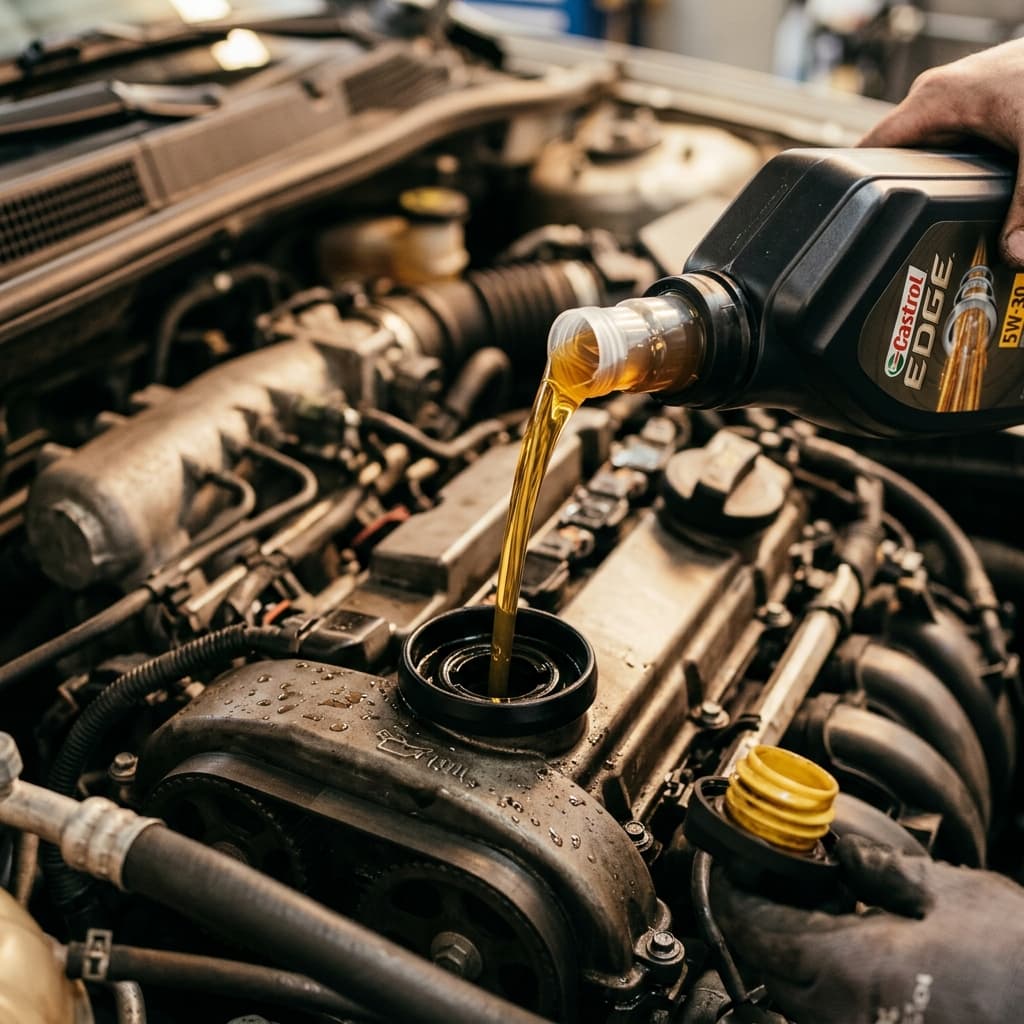 Agregando aceite nuevo al motor del auto